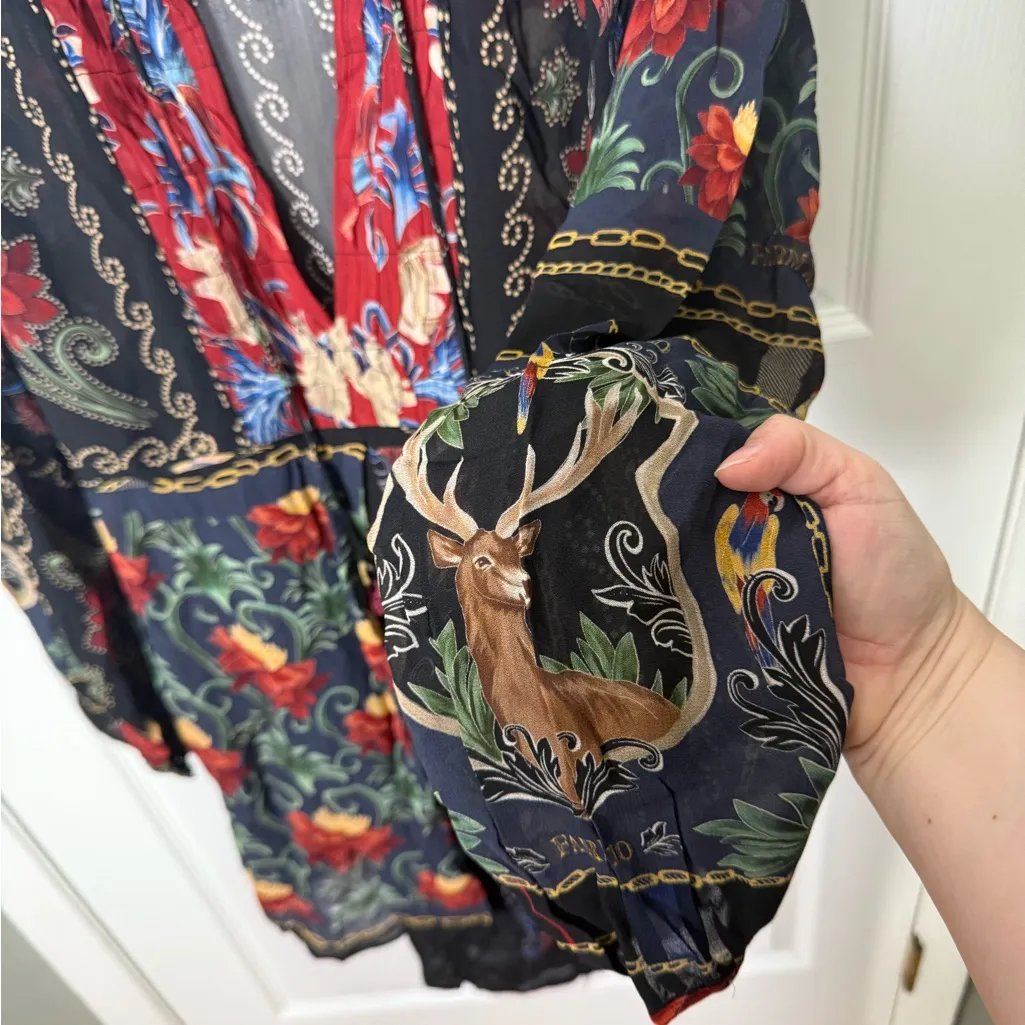 Farm Rio Black Mixed Arabesque Scarves Long Sleeve Mini Dress M - Image 5