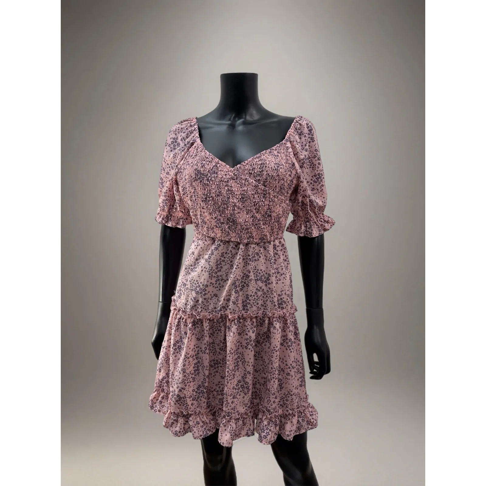 Goodnight Macaroon Pink Floral Smocked Mini Dress Puff Sleeve Size Small - Image 2