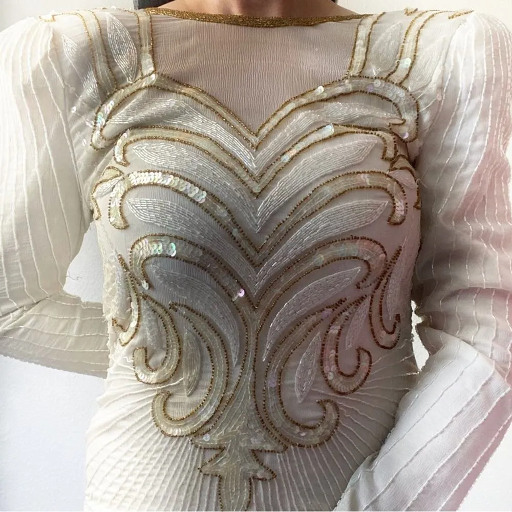 Vintage Creative Creations Cream Silk Sequin Beaded Dress Size Small - Image 4