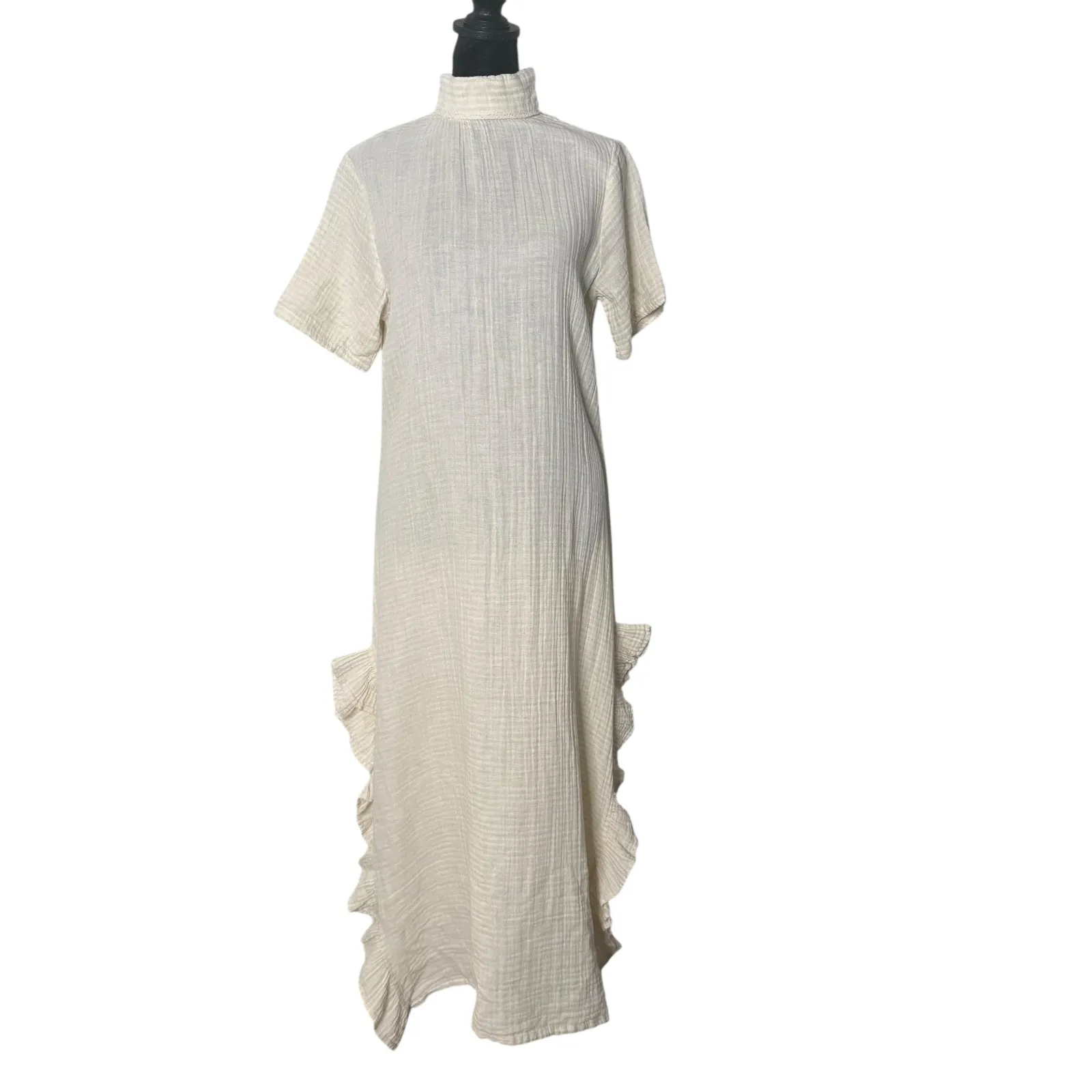ANZA Organic Gauze Cotton‎ Beach Dress Womens S Ruffles Open Back Cover Up BOHO Tan - Image 3