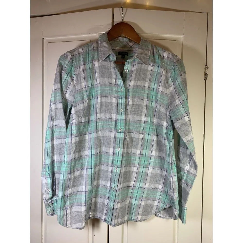 Talbots Shirt Womens Medium Plaid Pastel Metallic Preppy‎ Classic Church Casual - Image 3