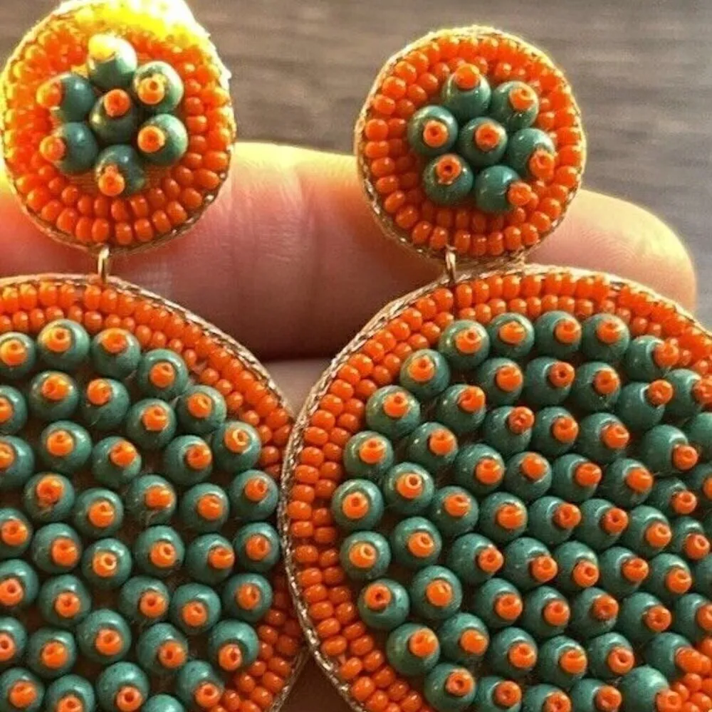 Vintage Modern Green Orange Bead Tassle Earrings Boho Western Dangle Statement - Image 7