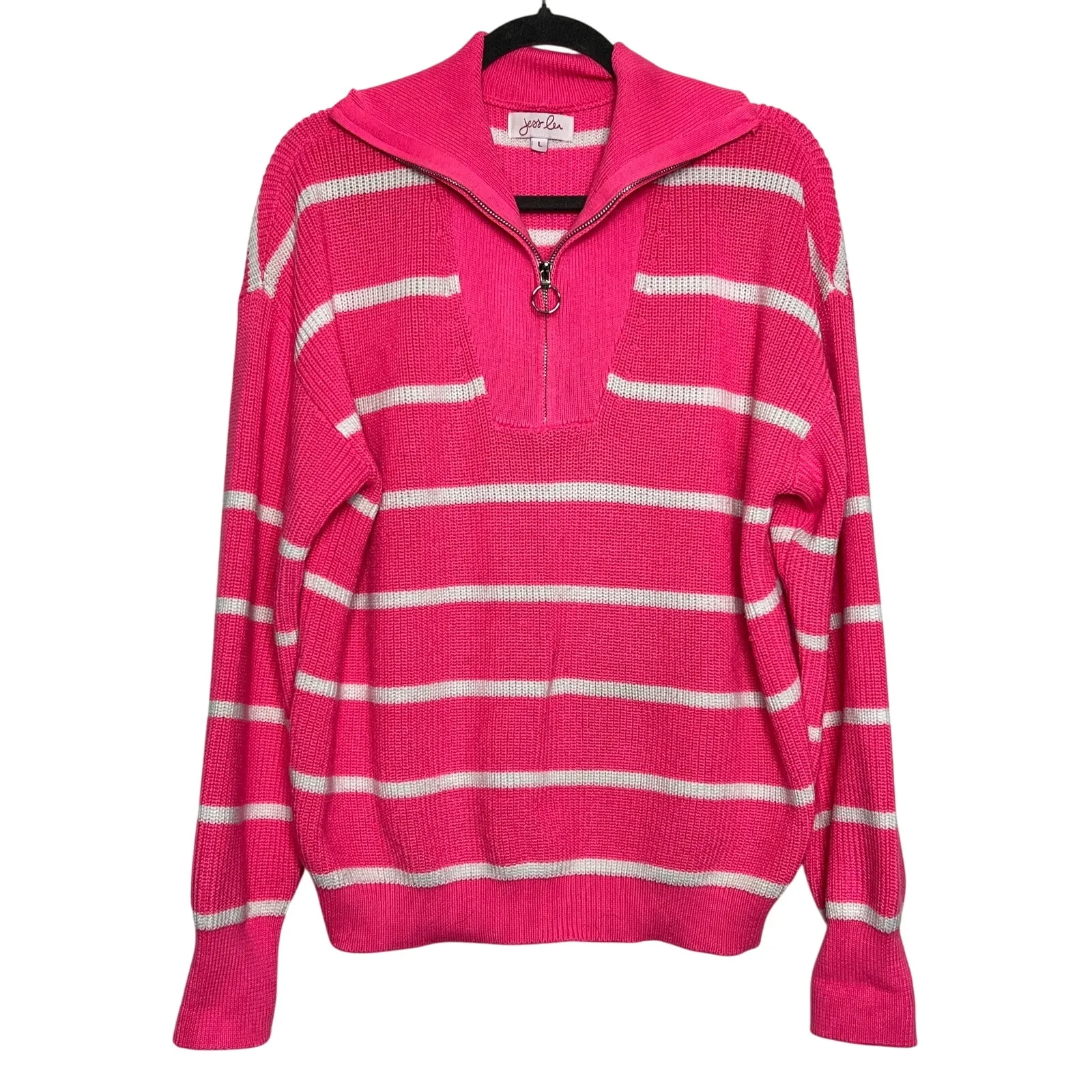 Jess Lea Jameson Quarter Zip Sweater Pink White Stripe Size Large - Image 2