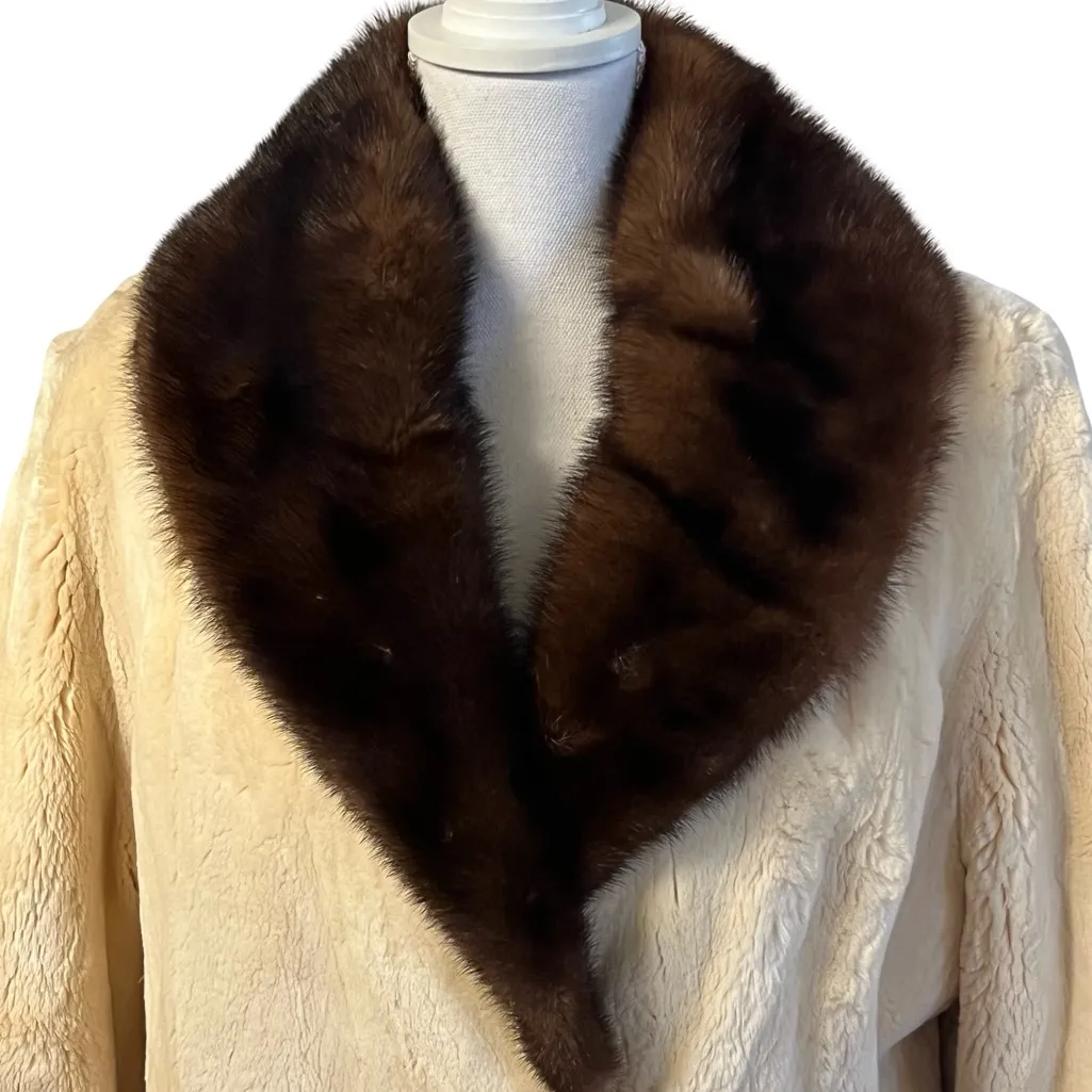 Vintage Womens Blush Sheared Beaver Genuine Fur Coat Mahogany Mink Collar - Image 2