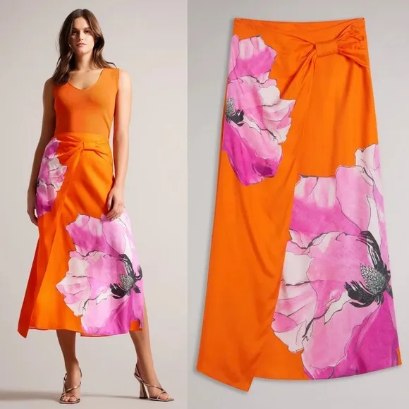 Ted Baker Bethhie Floral Gathered Asymmetric Twist Detail Slip Wrap Midi Skirt - Image 2