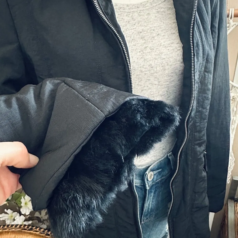 Via Spiga Y2K Black Fur Trim Grommet Belted Neckline Winter Coat Size M - Image 6