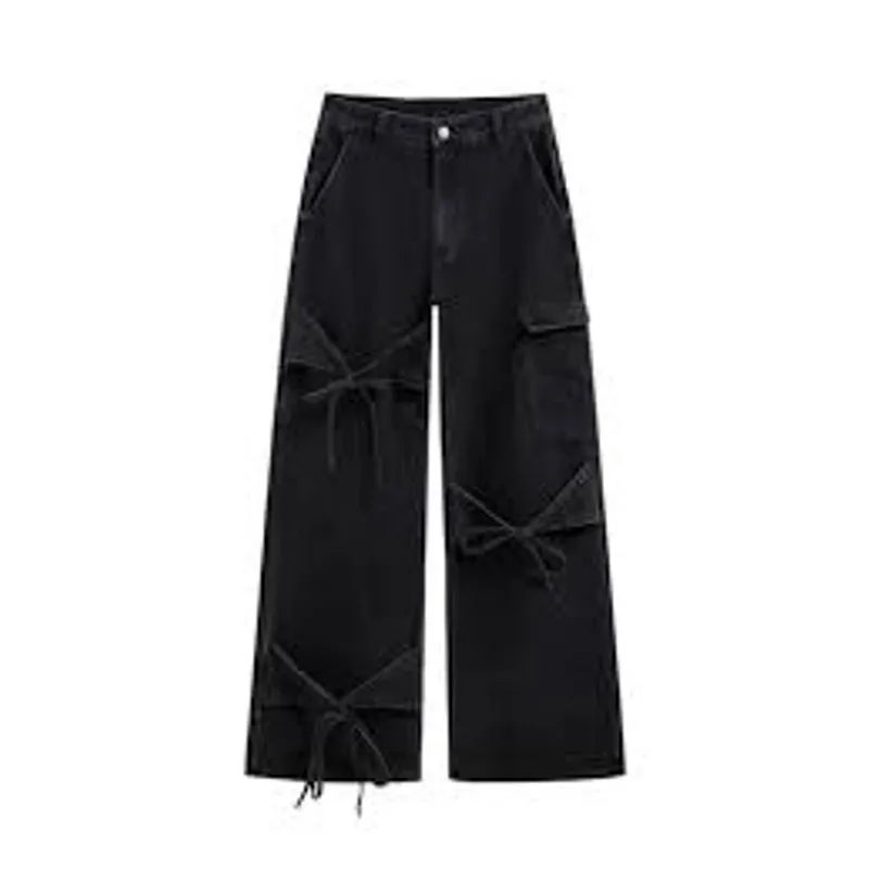 CIDER Baggy Wide Leg Jeans w Tie Details High Rise Black Size Large L Cargo Y2K - Image 2