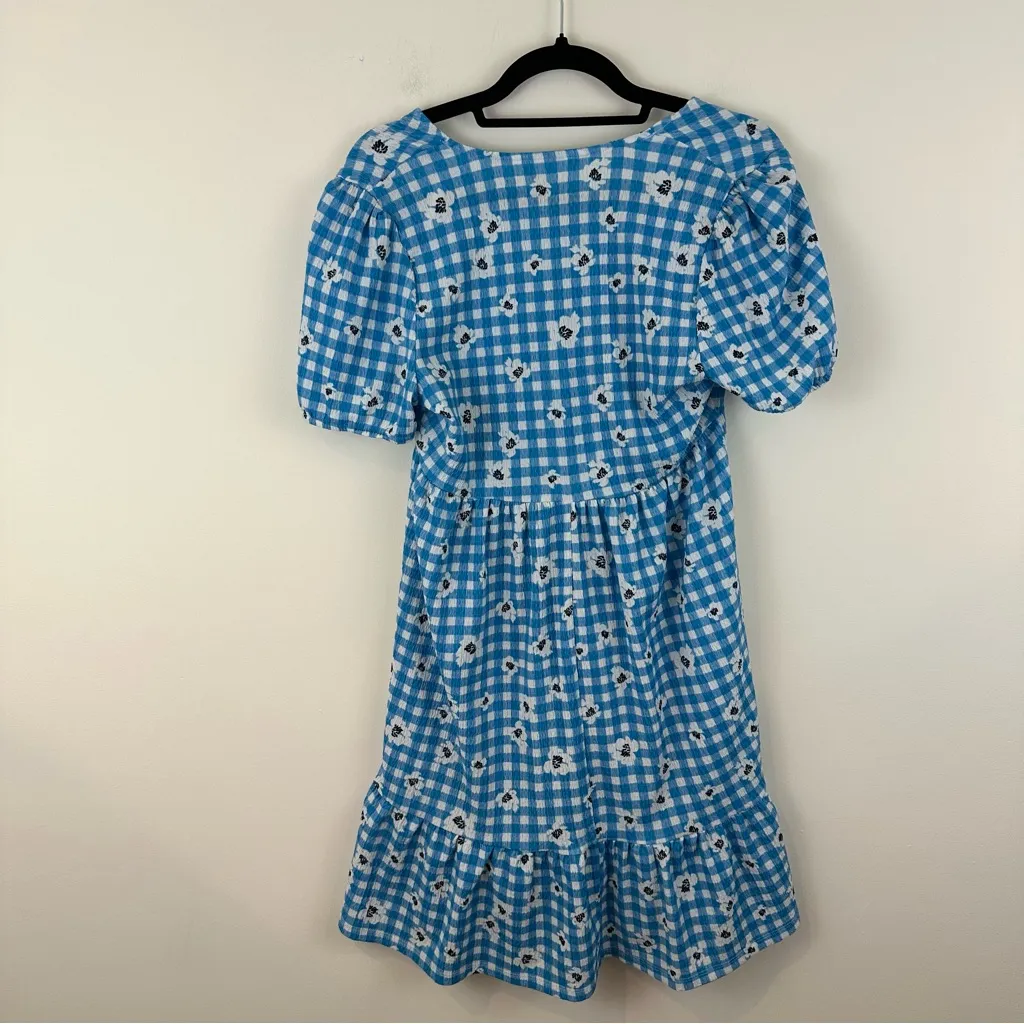 Primark Blue Gingham Floral Mini Dress Ruffle Bottom Size 8 - Image 4