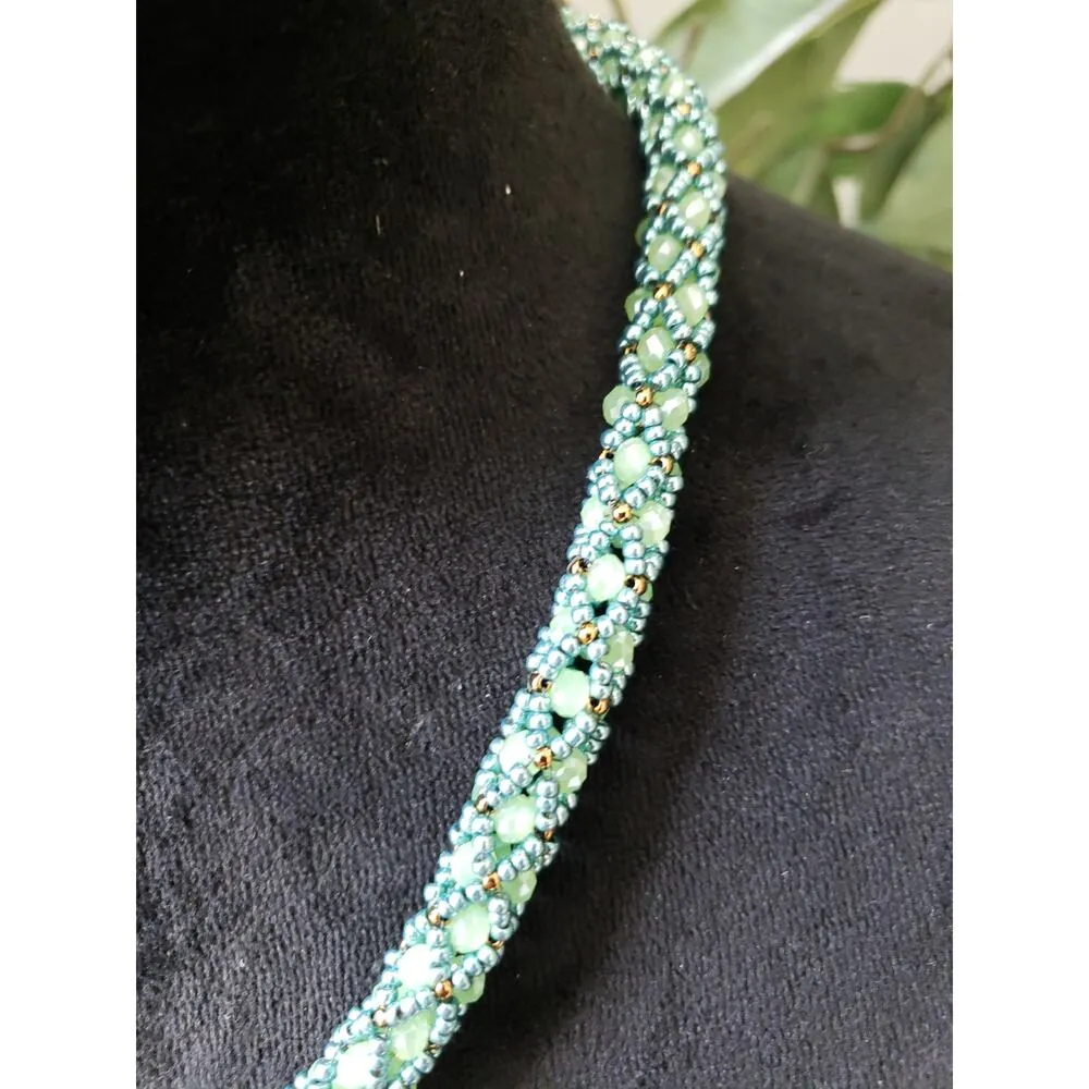 Women Fashion Turquoise Blue Woven Beaded Rope Collar Necklace with Barrel Clasp - Image 4