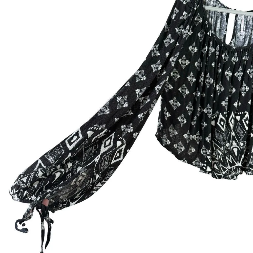 Free People Linen‎ Blend Dazed Swing Crop Top Black White Geo Print, Size Large - Image 9