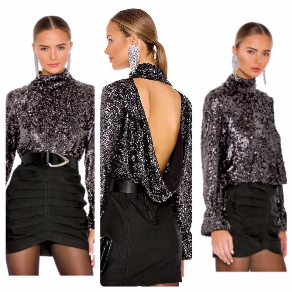 NWT Free‎ People Sequin Moonstruck Top in Black Combo Open Back Sz Small $128 - Image 3