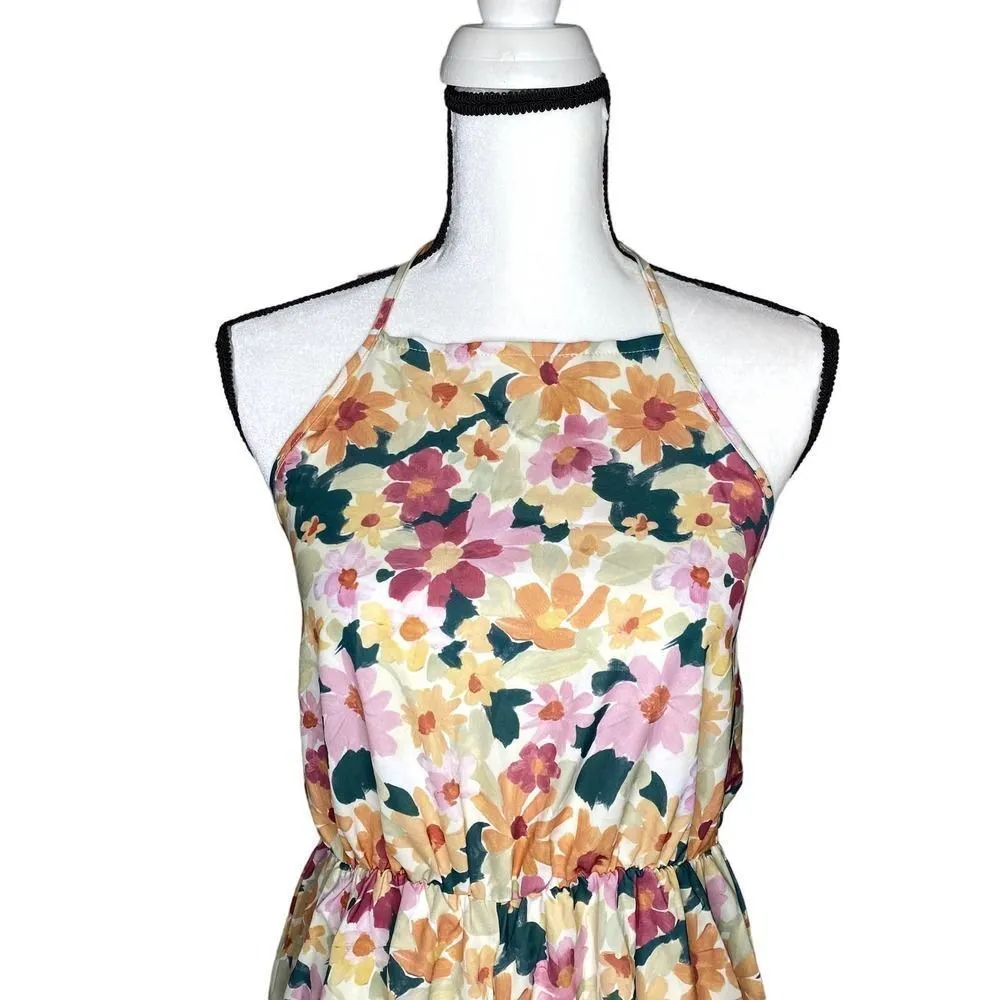 Shein Sleeveless Floral Halter Tie Neck Open Back Romper Orange Pink Size 6 - Image 2