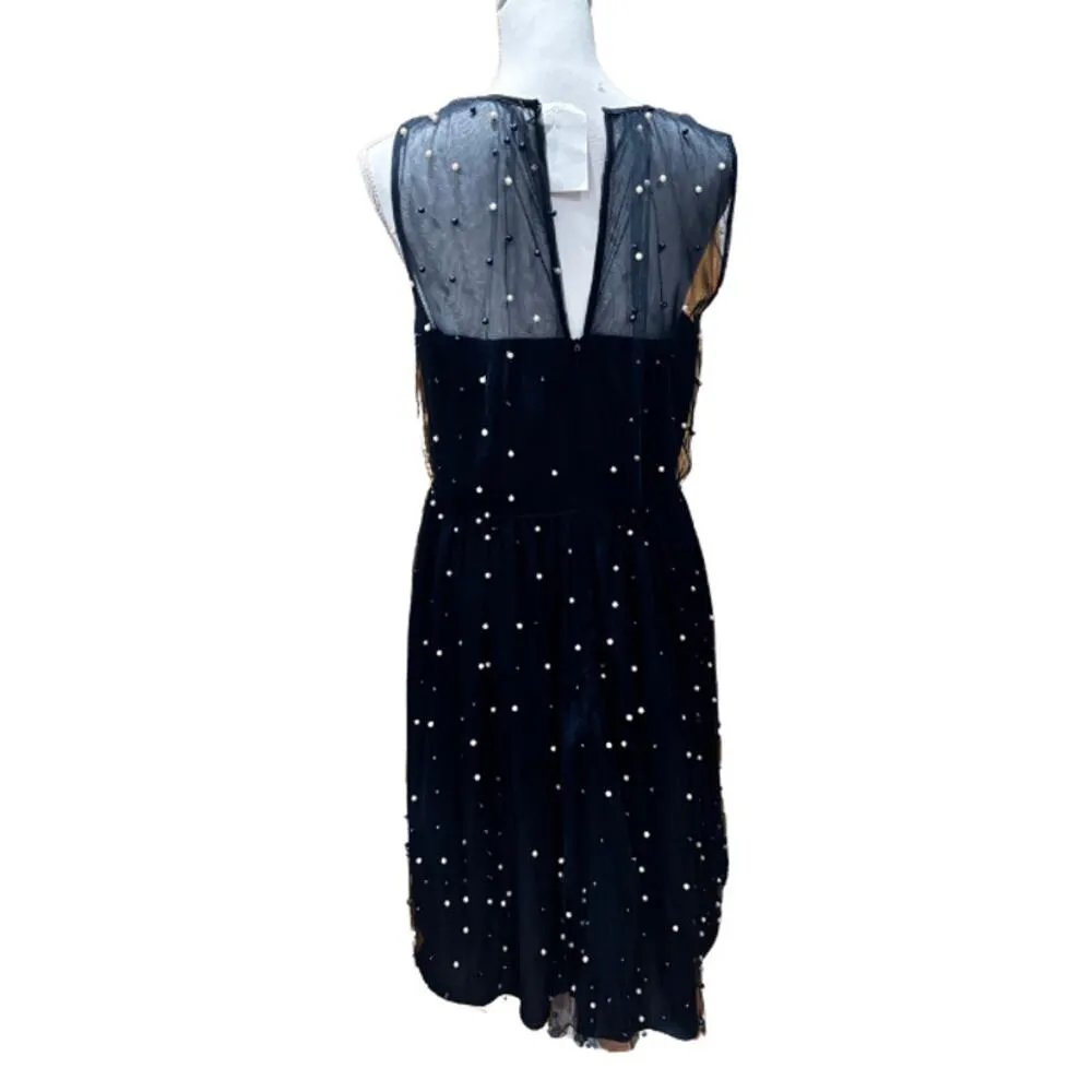 MAGGY LONDON Women's Navy Mesh Pearl Embellished A-line Dress Sz 8 - Image 4