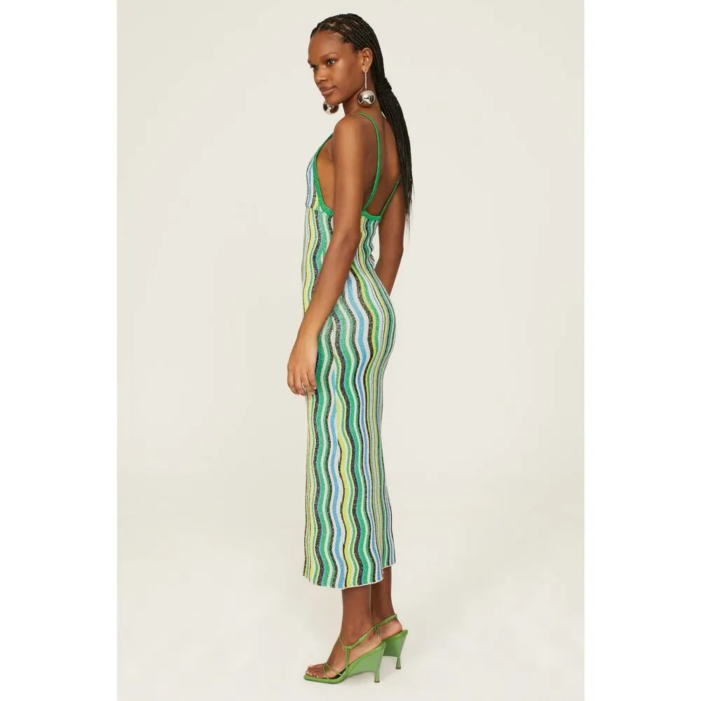 Simon Miller Comet Green Wavy Striped Metallic Knit Sleeveless Midi Dress Sz XL - Image 2