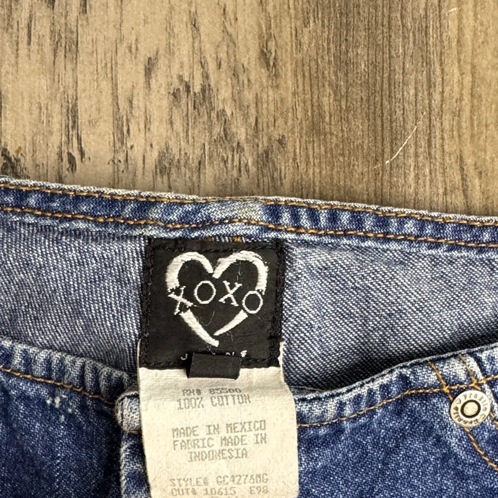 XOXO 90’s Blue Low Rise Flare Jeans with Gold Floral Accents - Image 2
