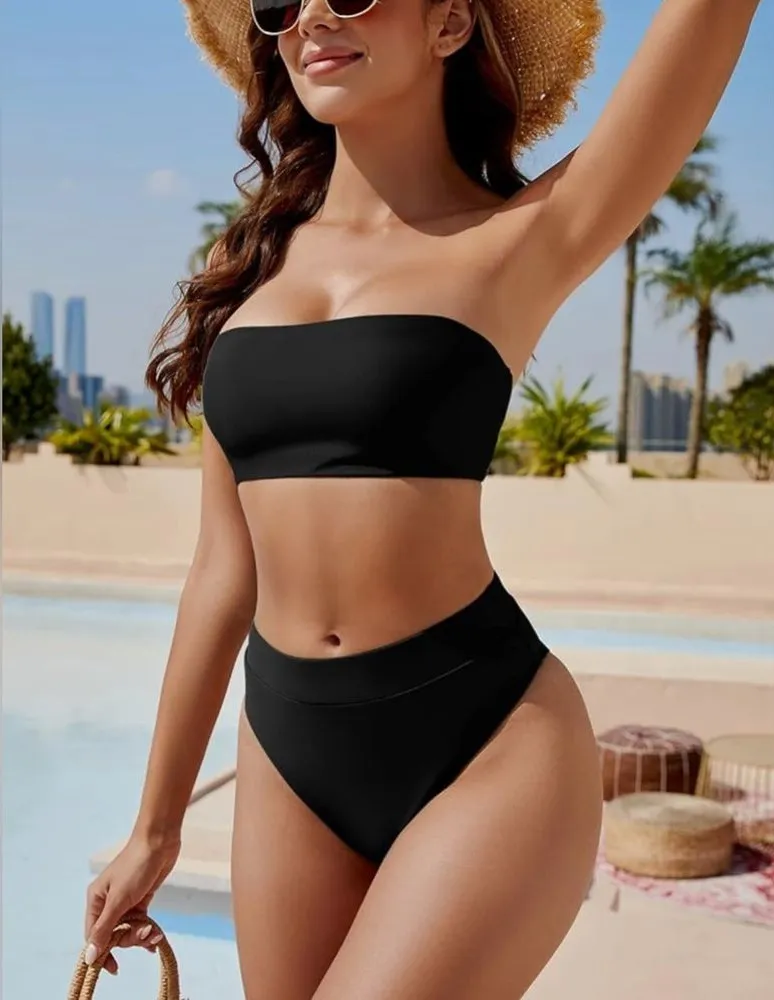 YACUN Women's High Waisted Bikini Swimsuit Strapless Bandeau Cheeky Black M NWT Size M - Image 1