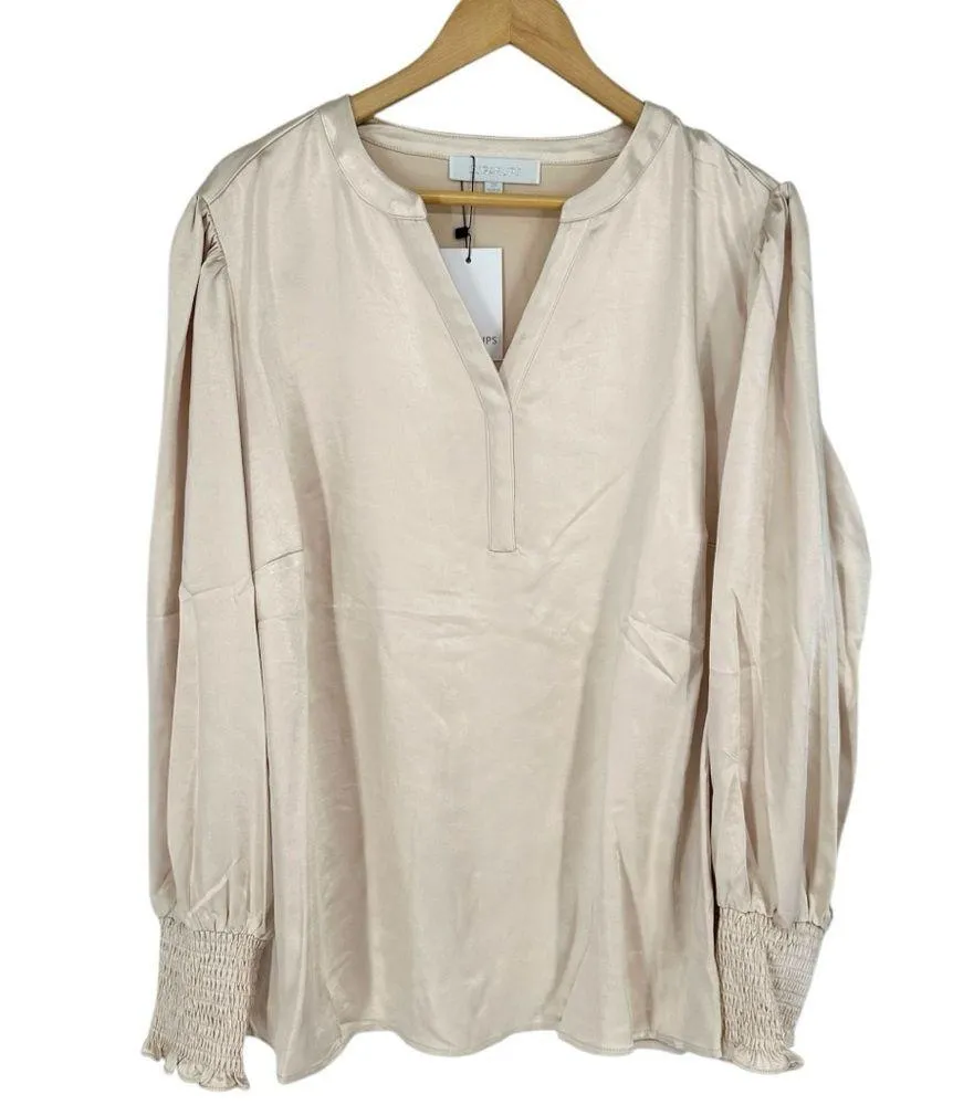 Sugarlips Henley Satin Long Sleeve Blouse 2X in Champagne NWT Cream Long Sleeve - Image 3