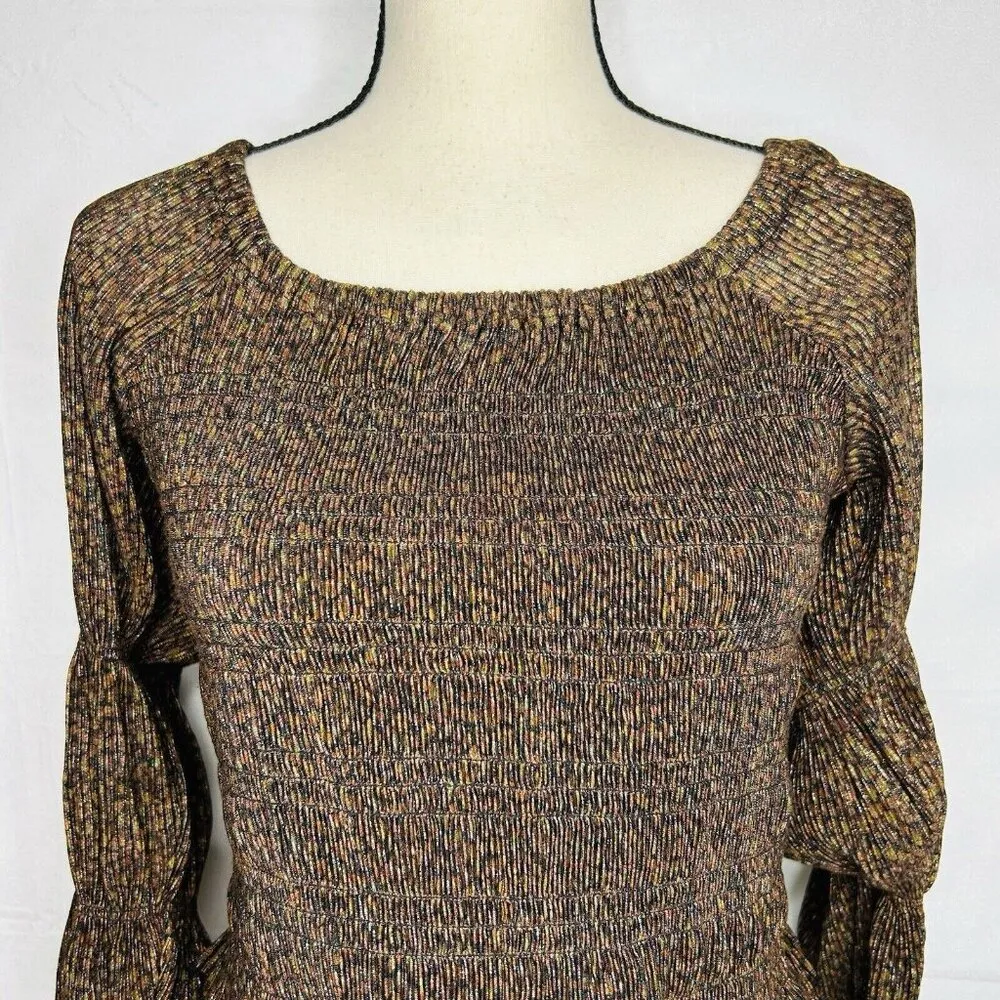 Anthropologie Bubble Sleeve Crop Blouse Top Boho 90s Sz M Brown Black Metallic - Image 2