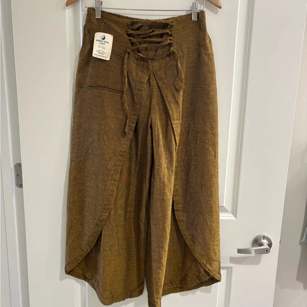 NWT Karma Nepal Craft Brown Wrap Wide Leg Palazzo Pants size 6 approx - Image 3