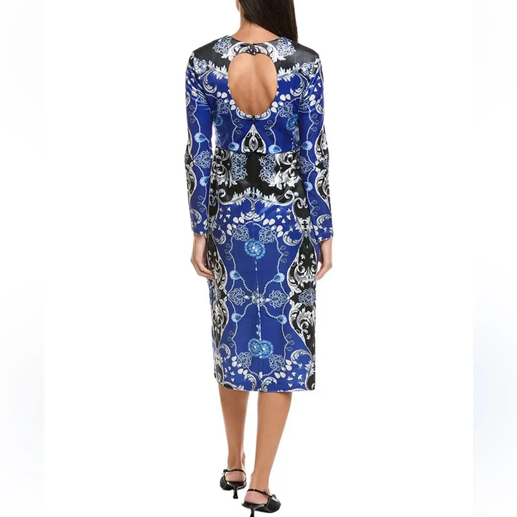 Tyler Boe Dana Velvet Patterned Sapphire Combo Midi Pencil Dress NEW W2014 Sz L Blue Size L - Image 2