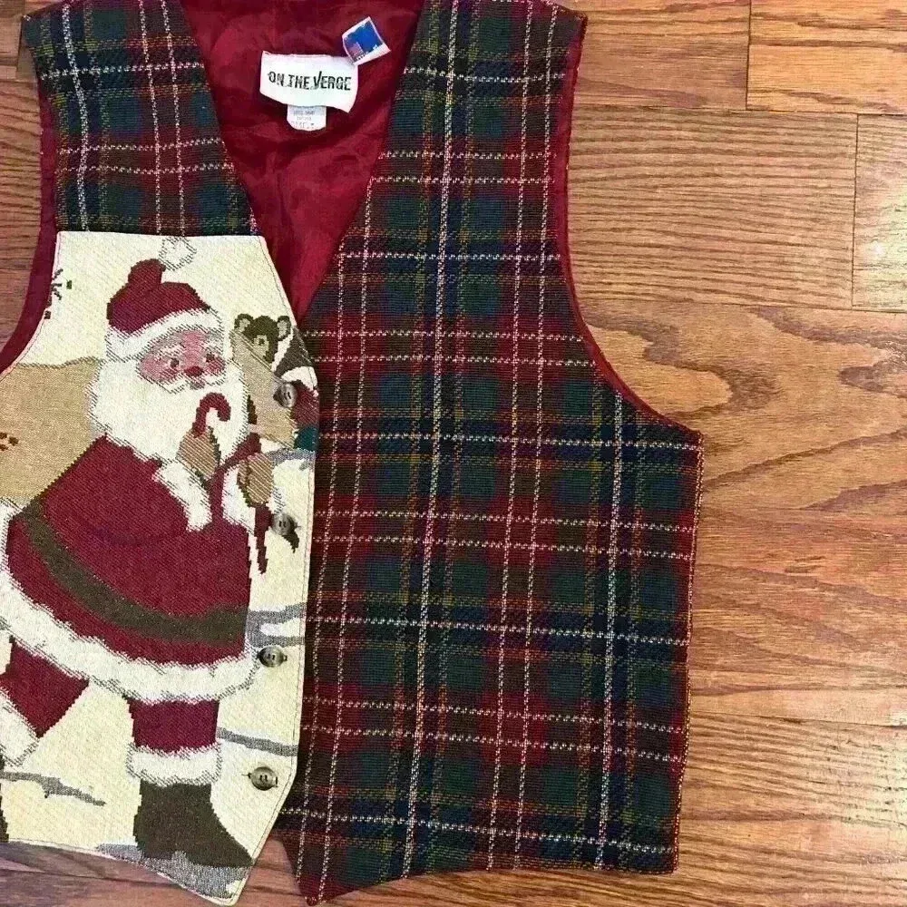 Vintage Christmas Tapestry Tartan Plaid Santa Vest Made In USA Size Medium 80s Red - Image 11