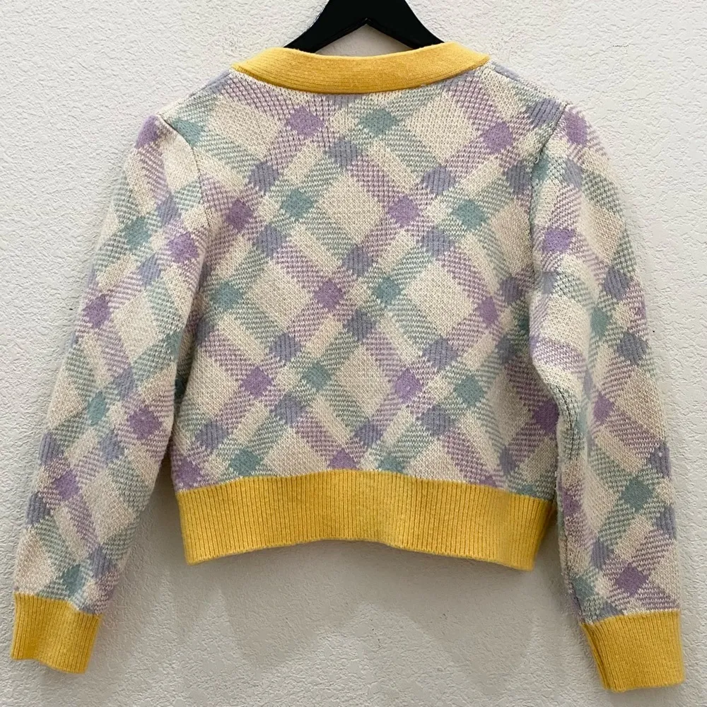 Checkered Plaid Yellow/Purple V Neck Knit Cropped Cardigan Sweater Yellow - Image 5
