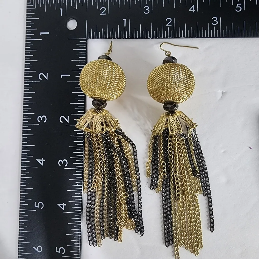 Gold Party Ball Earrings with Chain Tassels - Image 4