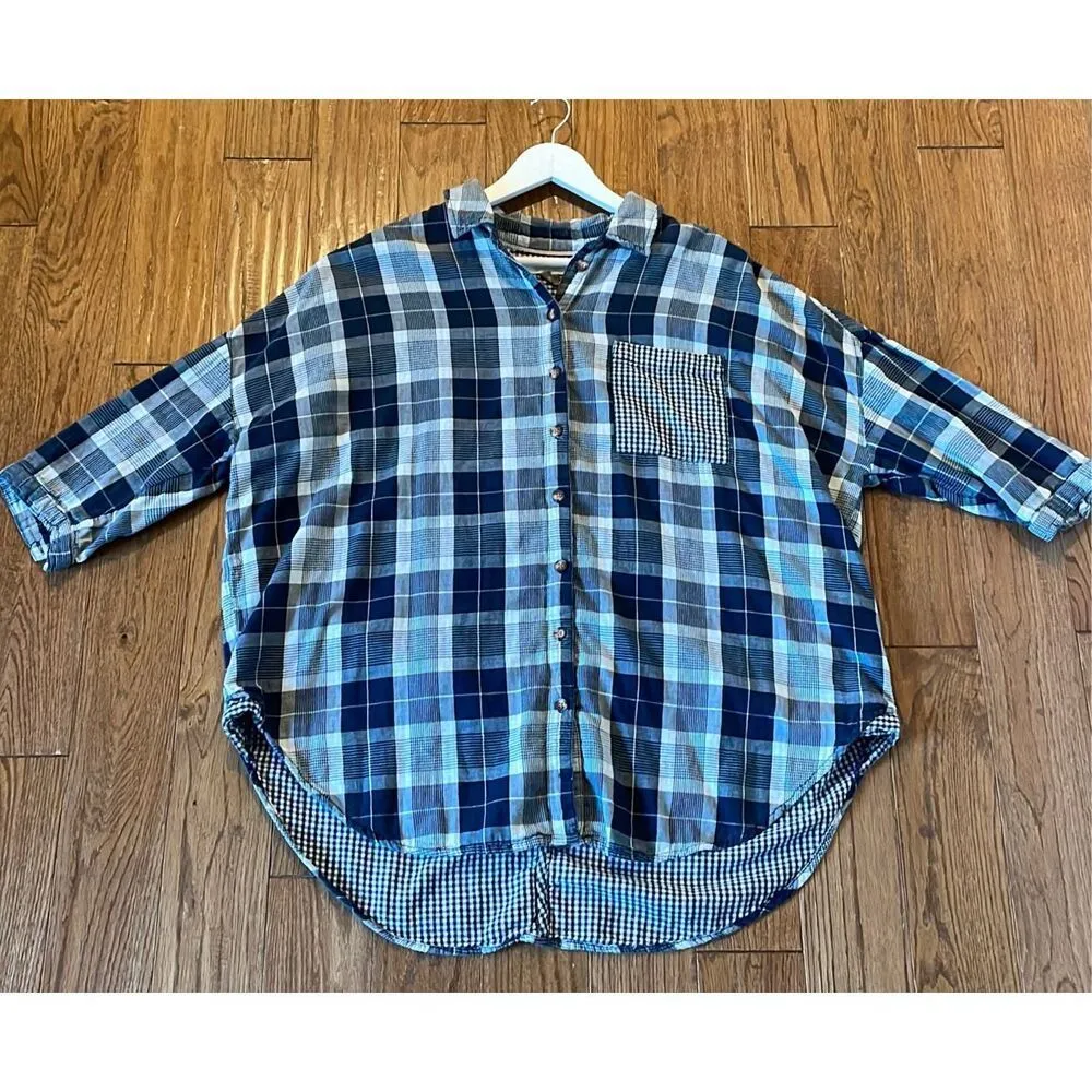 Anthropologie pilcro the letterpress blue plaid boyfriend collared flannel m/l - Image 5