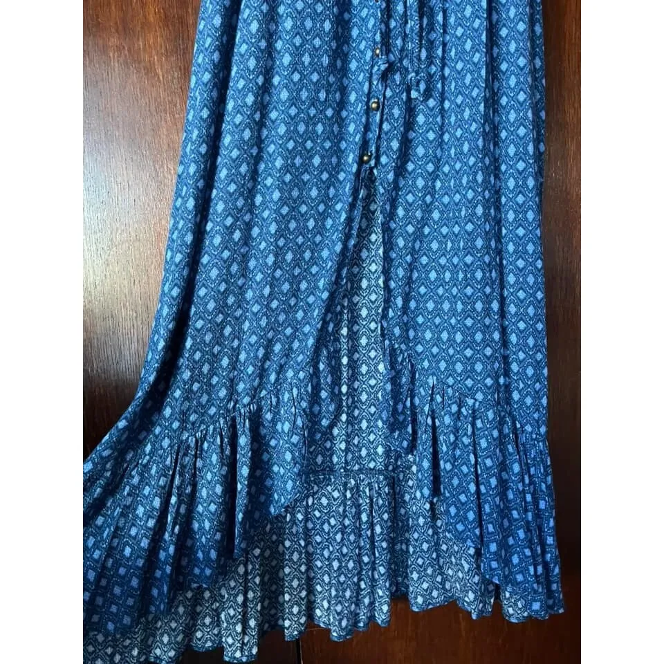 Rayon Sun Dress Womens XS‎ 0 2 Boho V Neck Ruffled Tiered Hem Blue Print Rewind - Image 4