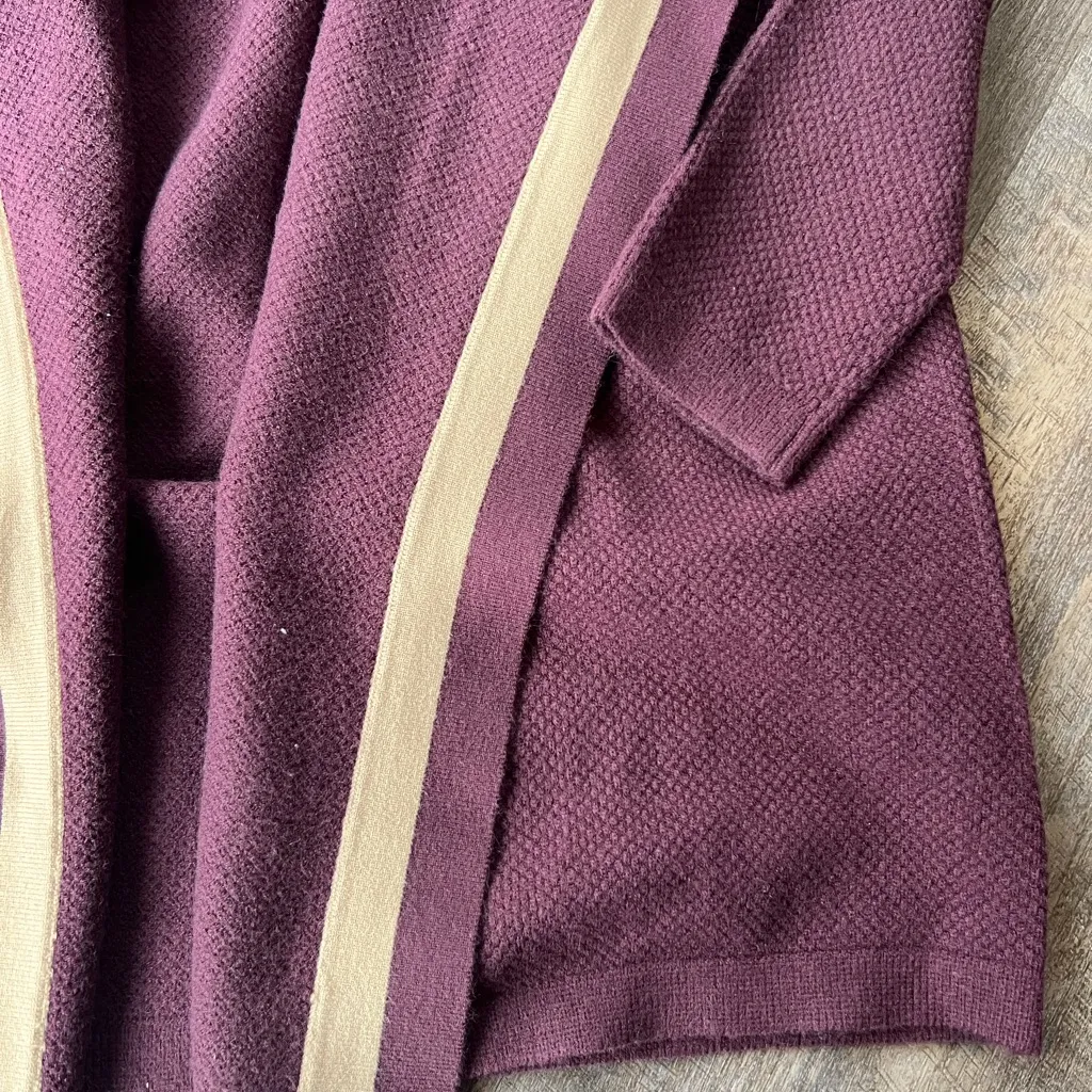 Ann Taylor Stripe Cascade Plum Burgundy and Tan Open Front Cardigan Sweater - Image 4
