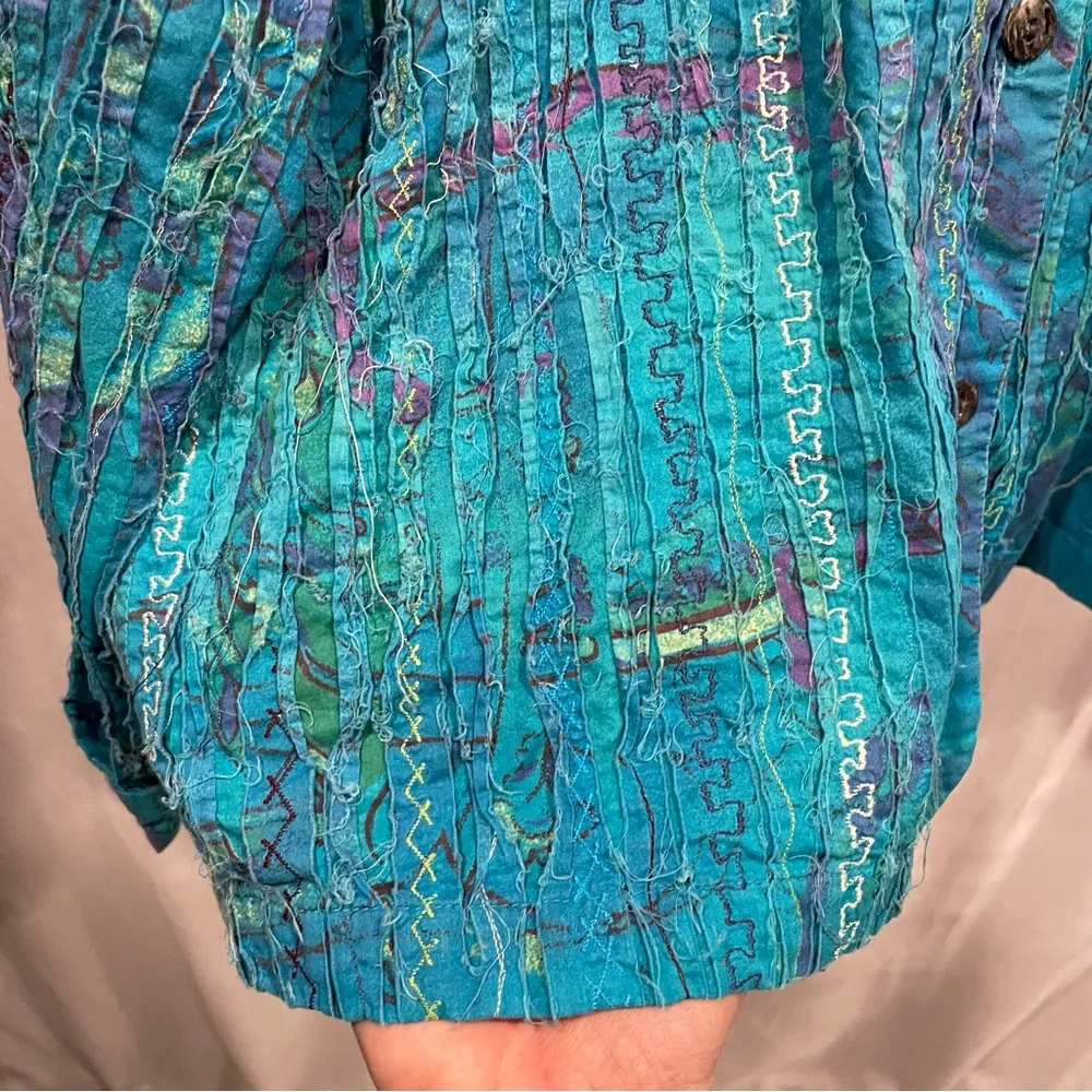 Chico’s aquamarine distressed rainbow embroidery light jacket chunky buttons - Image 5