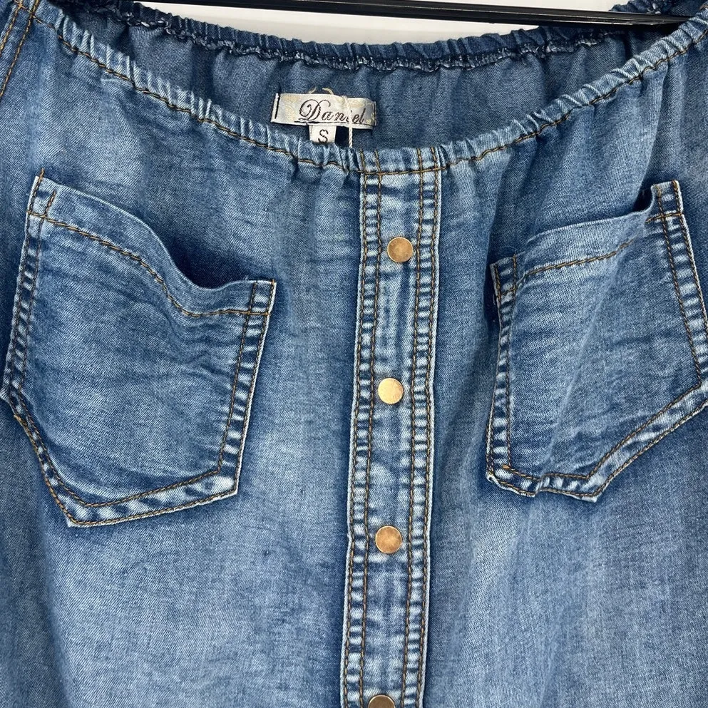 Y2K Daniel Denim Peasant Crop Shirt Sz S Cottagecore Boho Rose Coquette Country Blue - Image 2