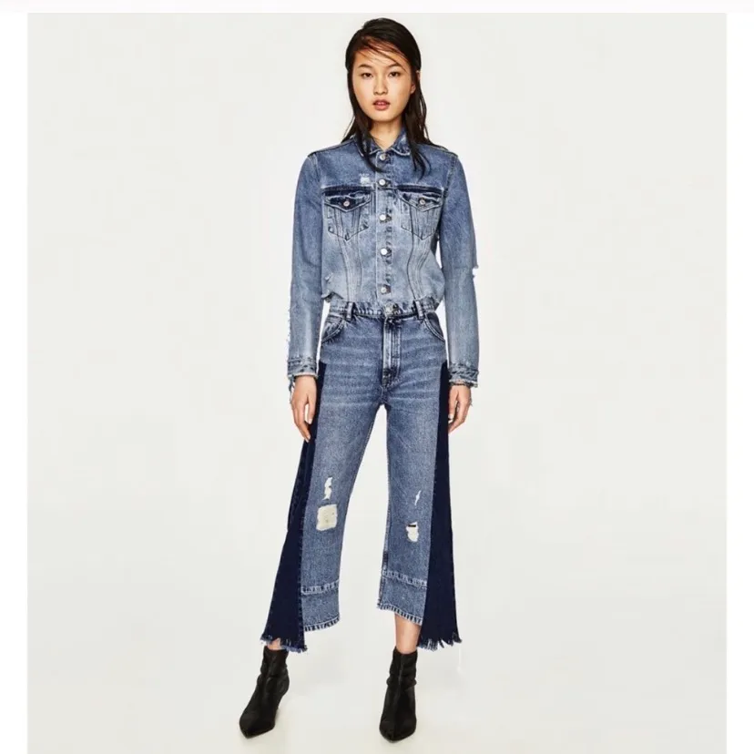 Blue Patchwork two tone denim asymmetric splice jeans Size 2 - Image 4