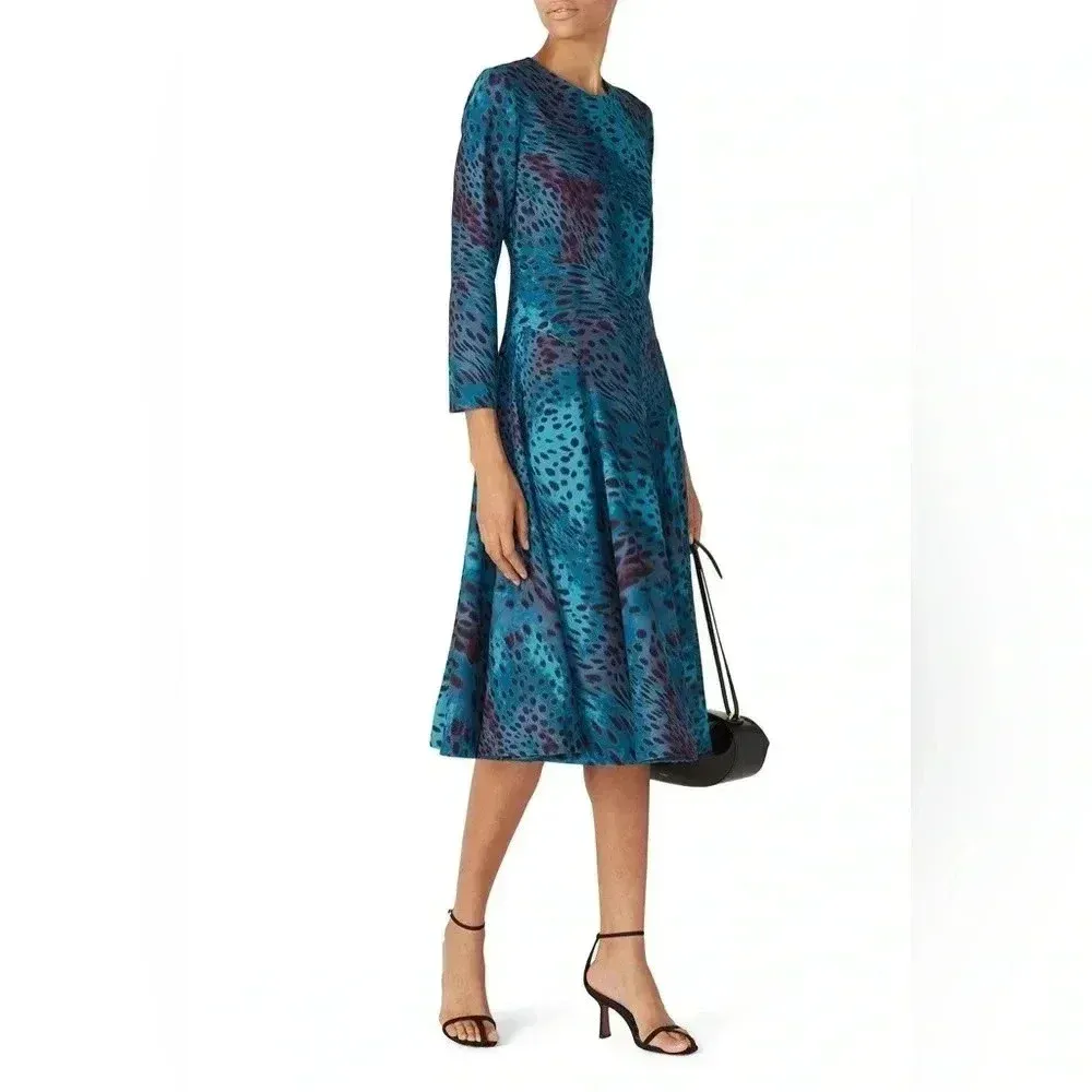 Natori Blue Teal Cheetah Print Swing Midi Dress Women’s Size 4 Small S - Image 4