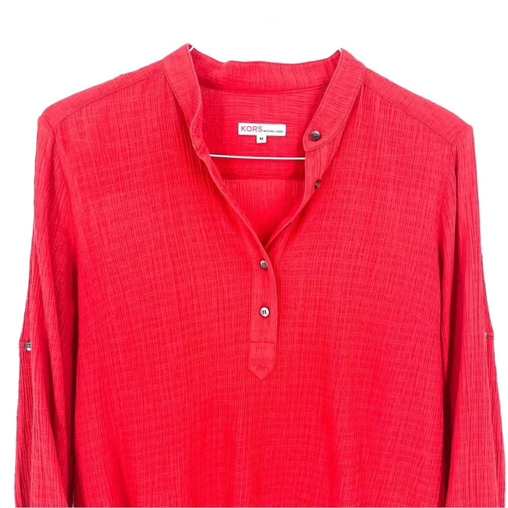 KORS Michael Kors MK Red Gauzy Roll Tab Long Sleeve Quarter Button Blouse Top - Image 2