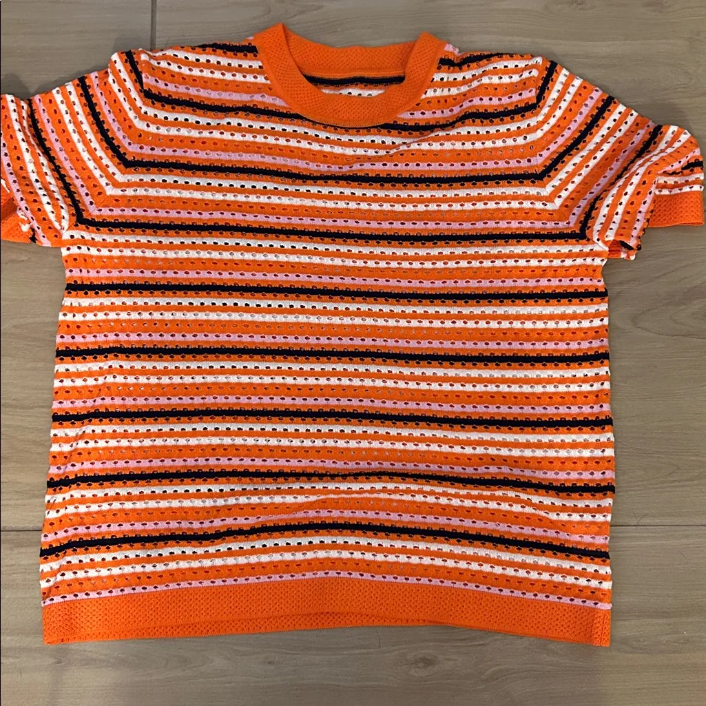 NEW Orange Crewneck Short Sleeve Striped Knit Hollow Out Sweater Shirt Blouse L Size L - Image 4