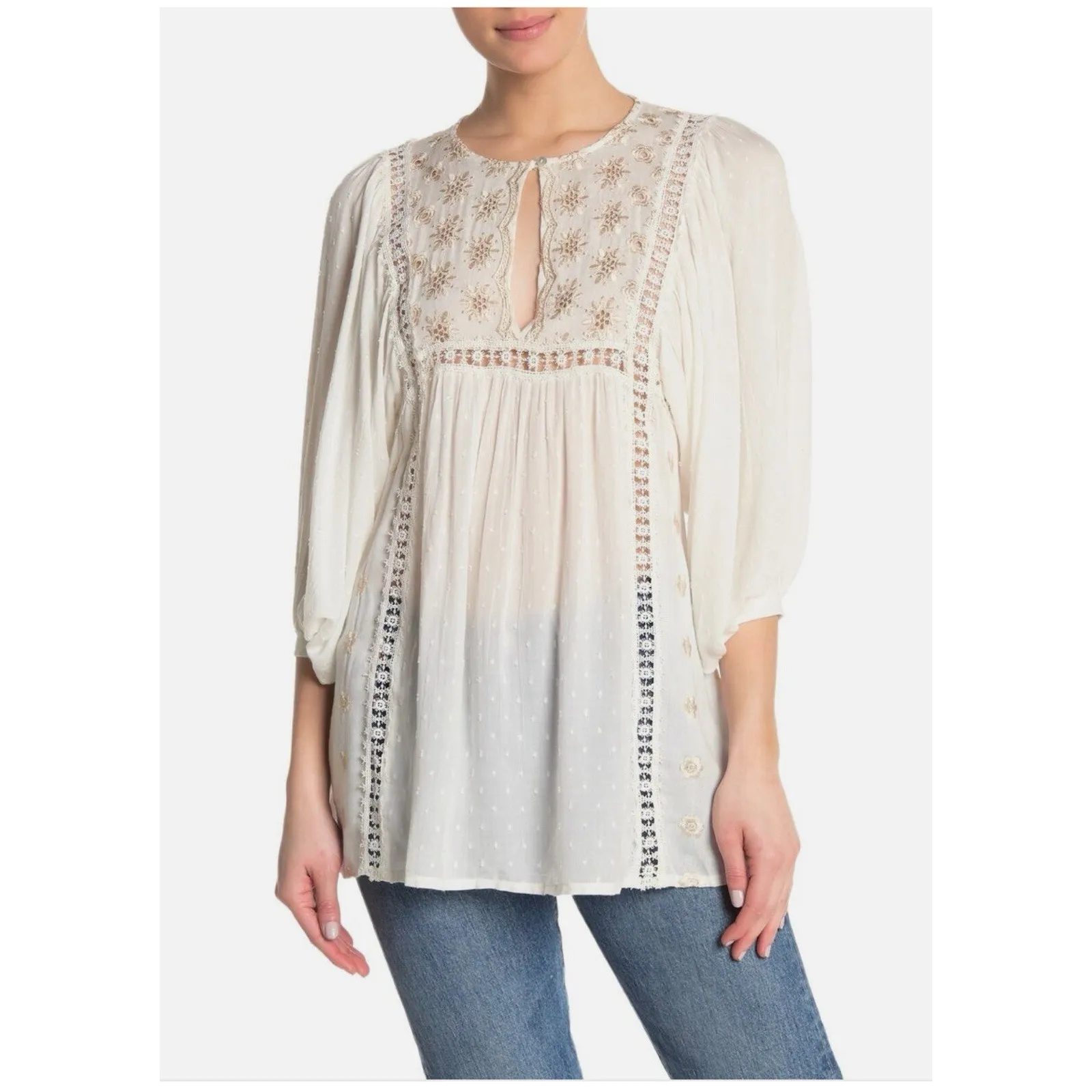 Free People Charlotte Tunic Dress Size Small Swiss Dot Embroidered Ivory Boho ! - Image 8