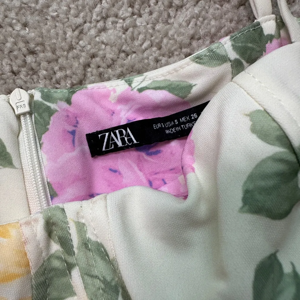 Zara Floral Mini Corset Drop Waist Dress in Cream and Pink - Image 3