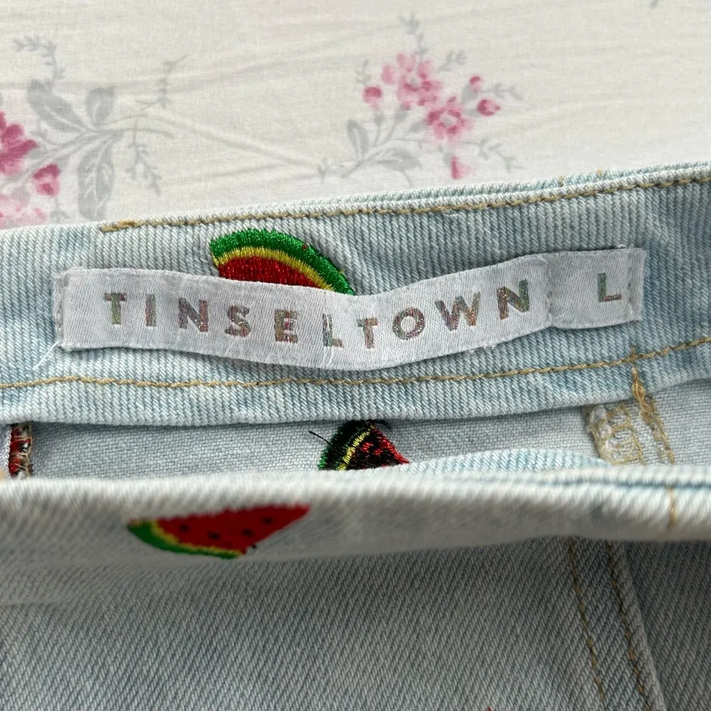 TINSELTOWN Embroidered watermelons denim mini skirt light wash blue - Image 2