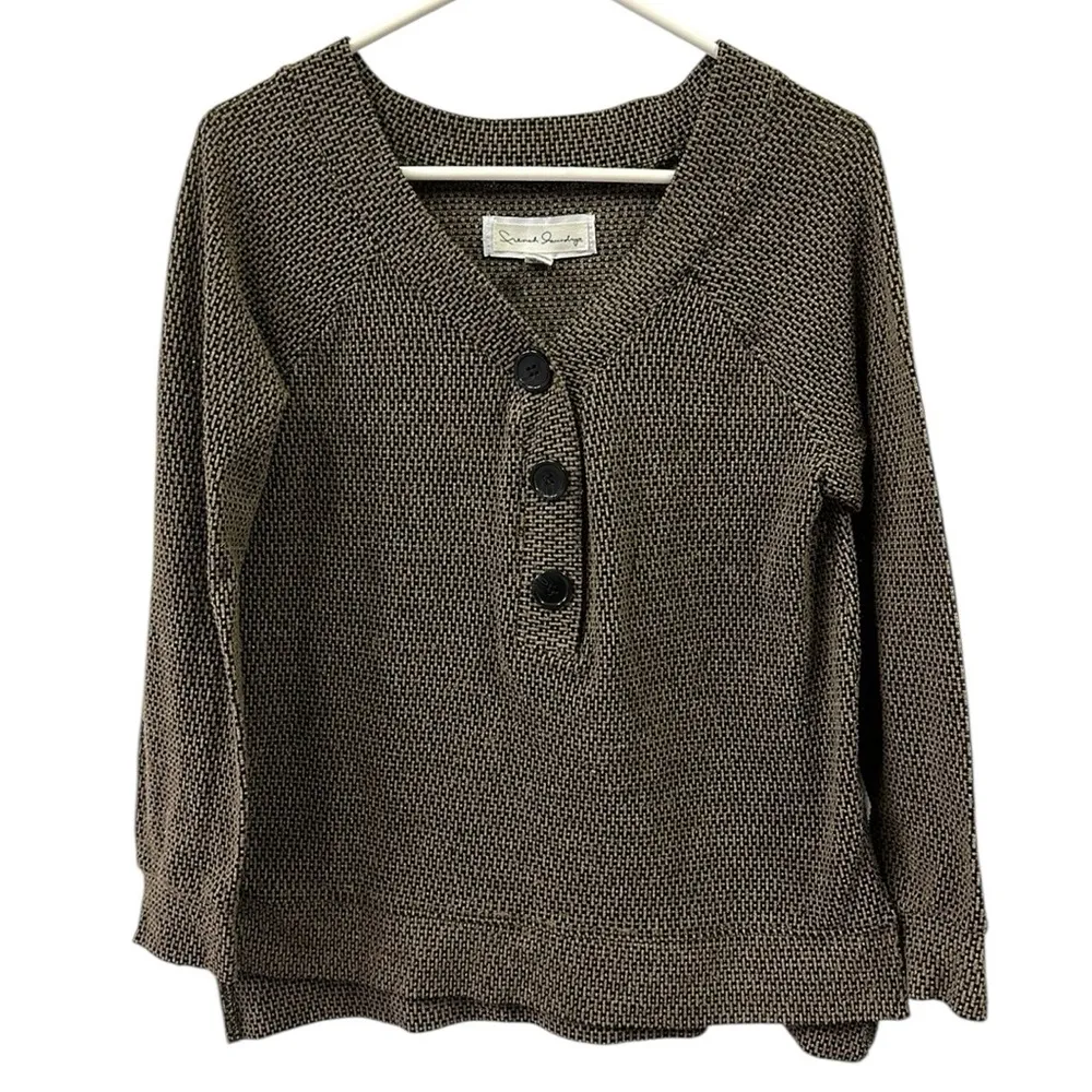 French Laundry Textured V Neck Brown Button Front Long Sleeve Pullover Top Sz S - Image 7