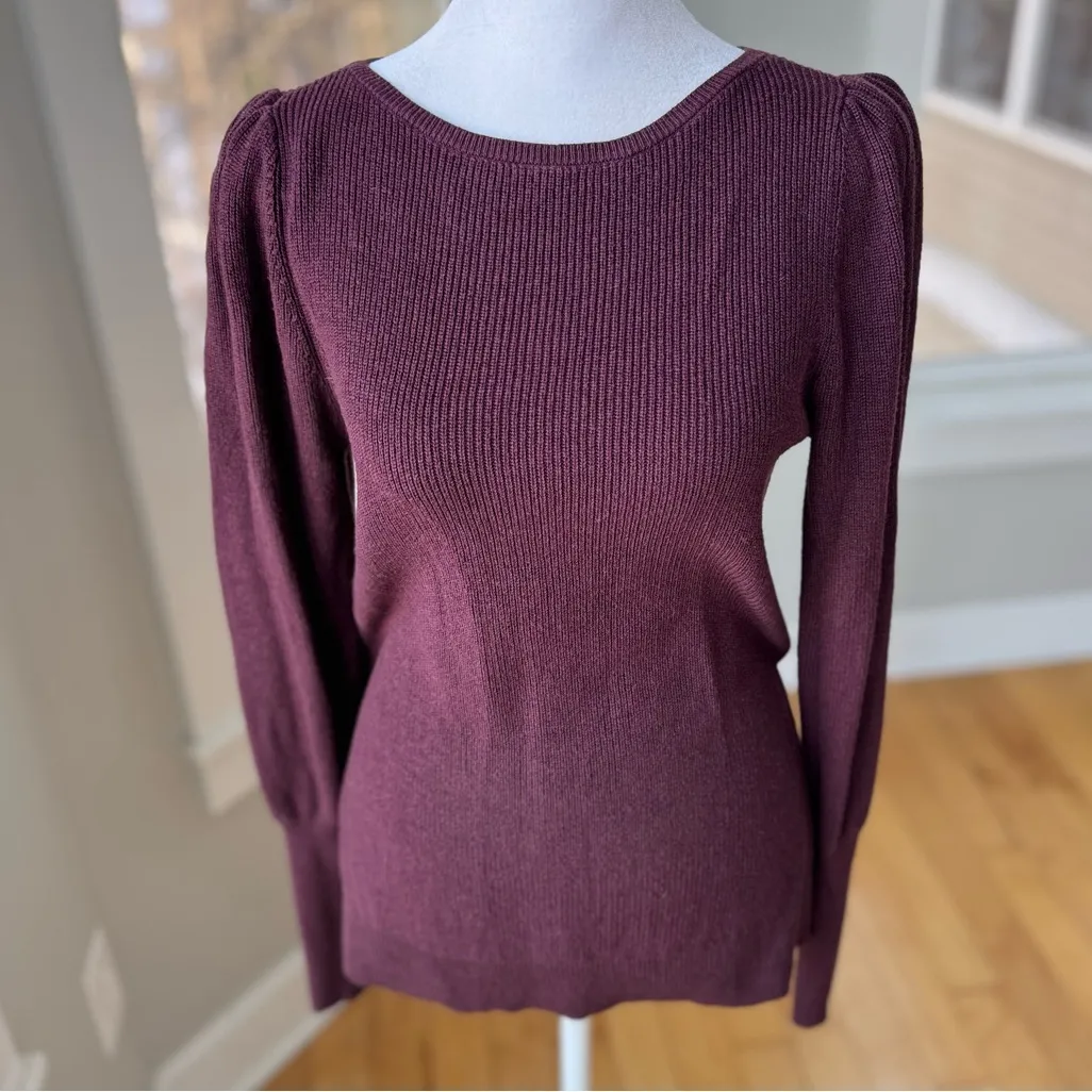 LOFT Burgundy Wine Dark Red Ribbed Cotton Crewneck Sweater Size Small - Image 10