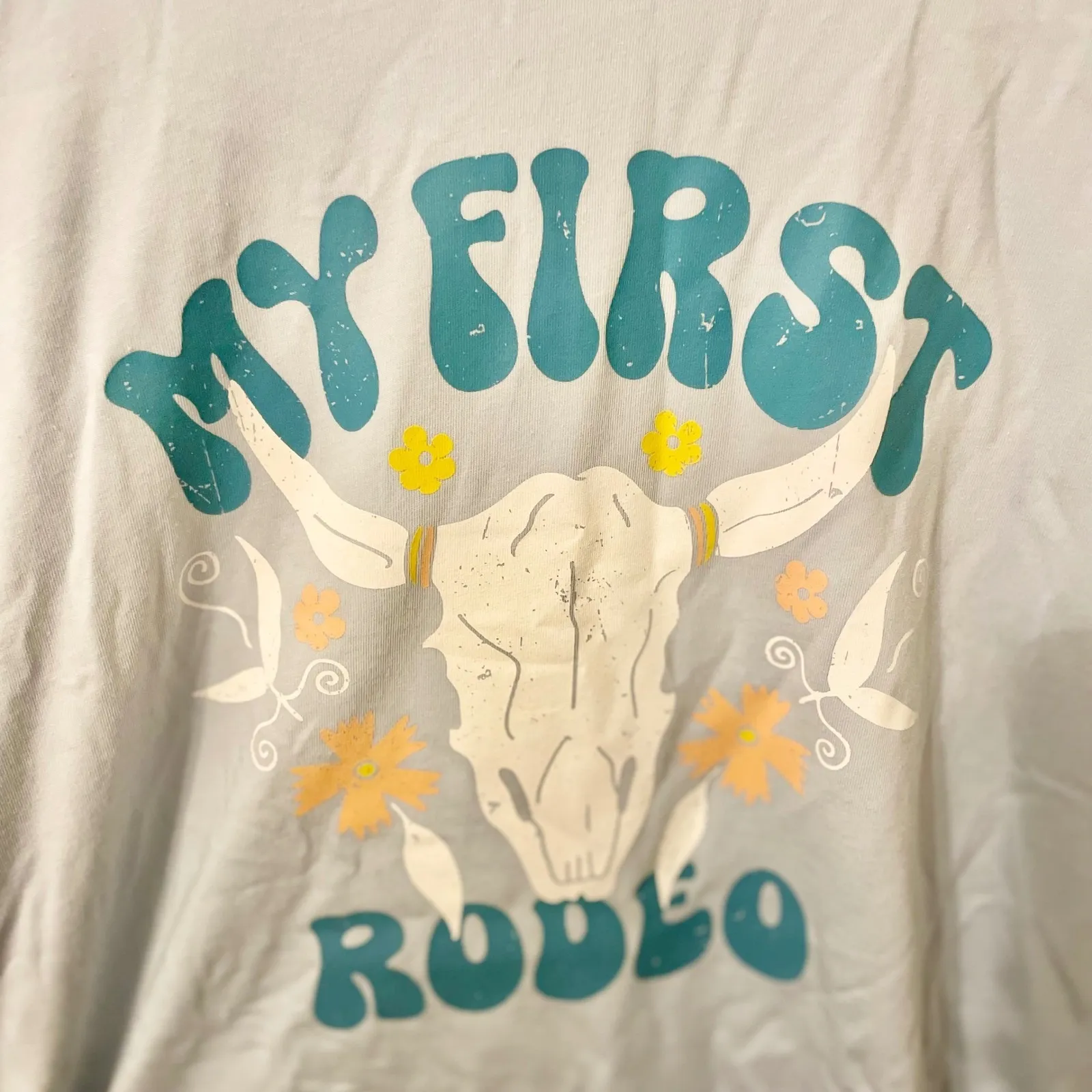 Maternity T Shirt My First Rodeo Bull Skull Graphic Blue Short Sleeve Top M Size undefined - Image 2