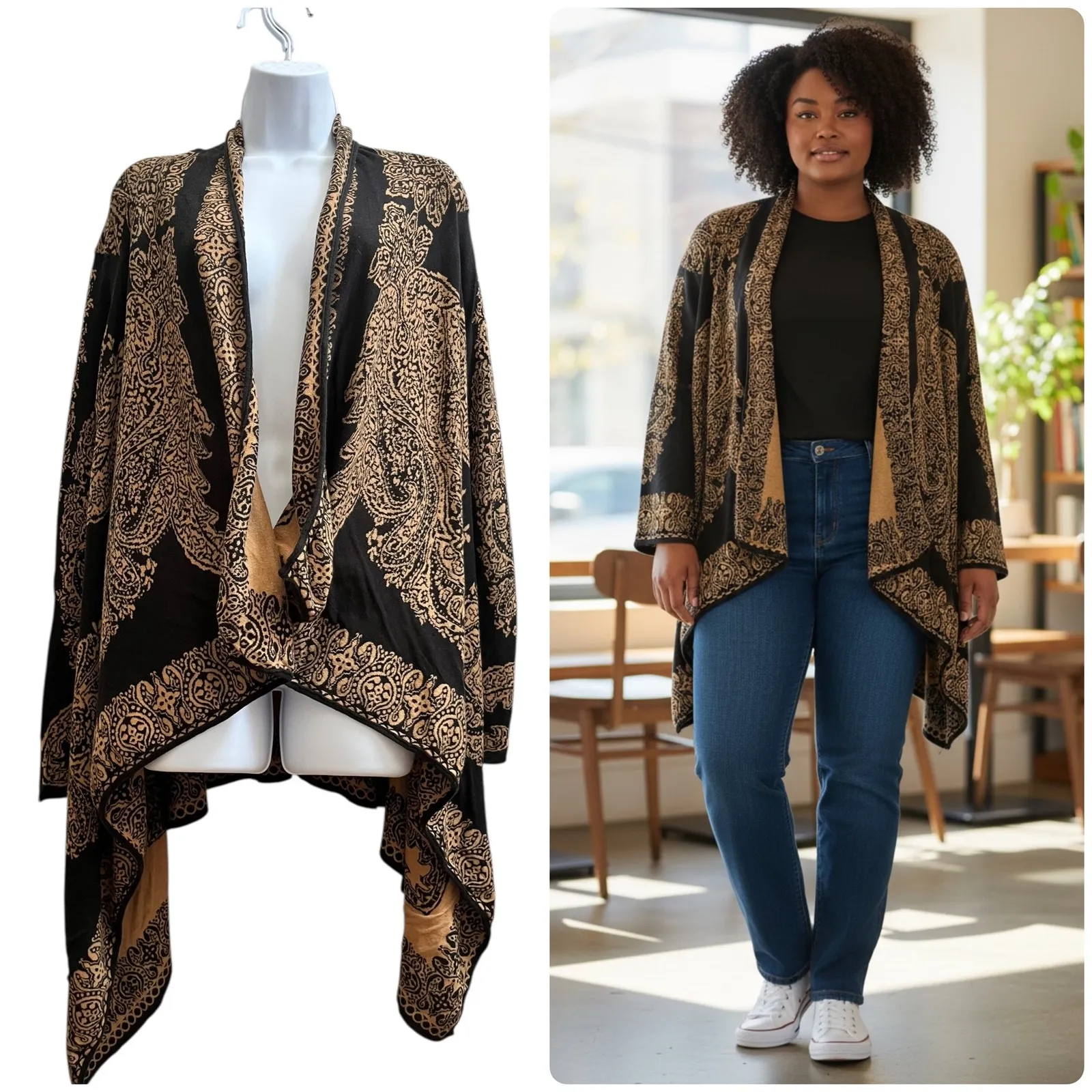 J Jill Cotton Lightweight Paisley Print Drape Open Tunic Sweater Size XL - Image 12