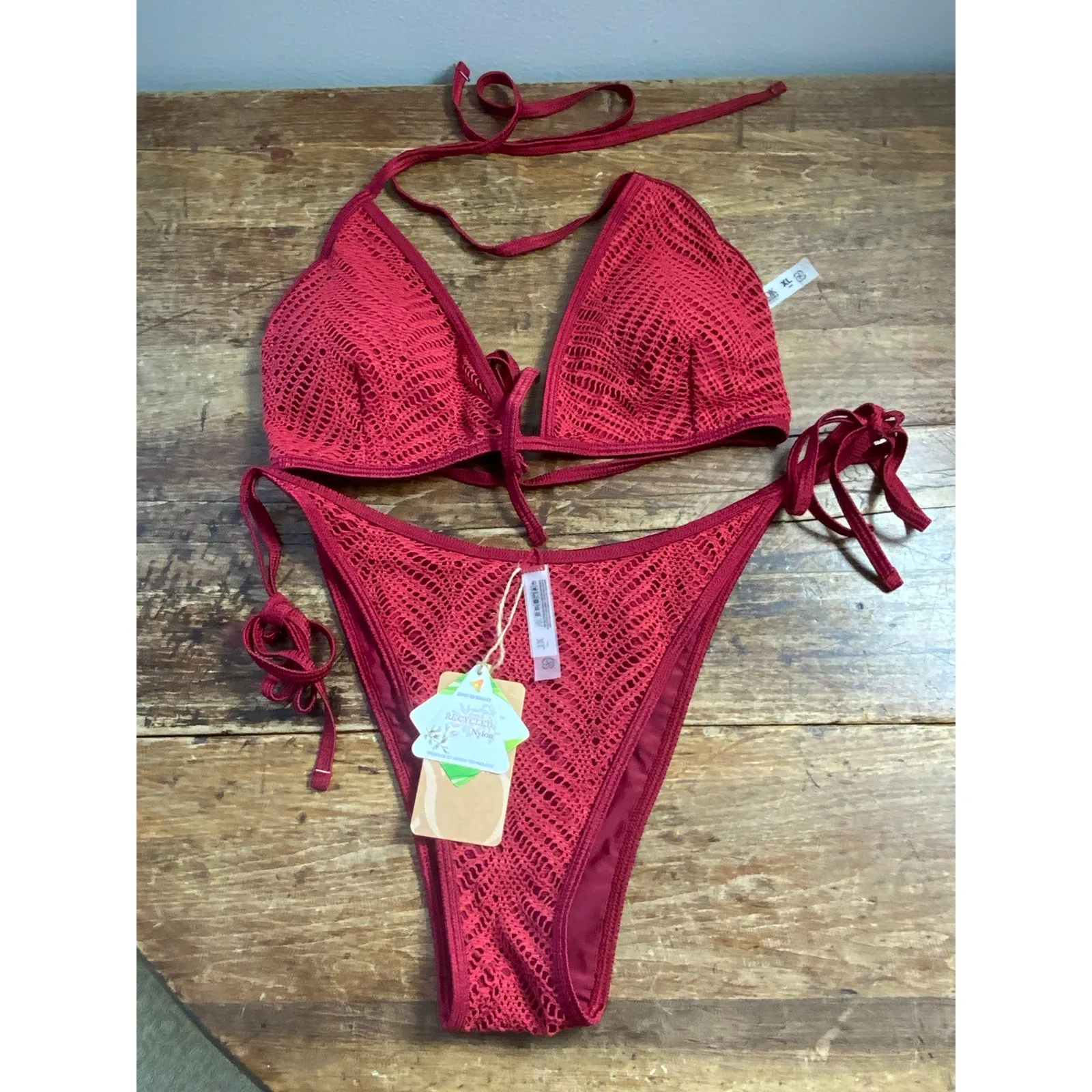 Berlook Burgundy Crochet Halter Triangle Top and Tie Bottom NWT‎ size XL Red - Image 4