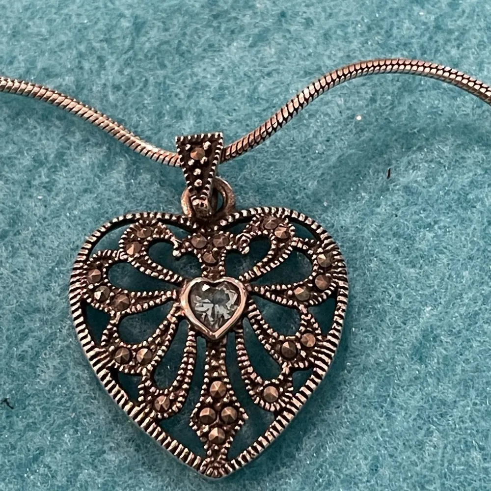 Sterling Heart Filagree Marcasite and Topaz Pendant and Chain - Image 3