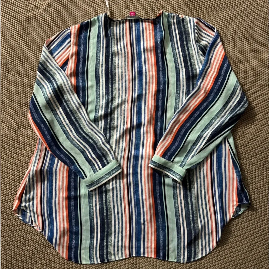 Vince Camuto Tunic Blouse Blue‎ Turquoise Pink Stripe Long Sleeve V-Neck Sz XL - Image 8