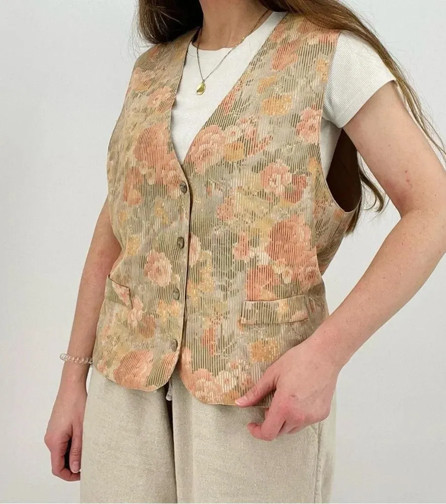 vintage dreamy cottagecore button down vest floral striped peach pink Orange Size M - Image 3