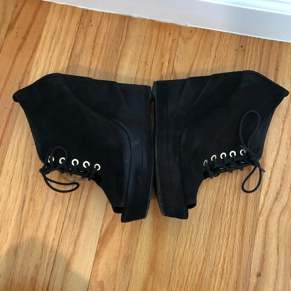 Diane Von Furstenberg Payton Black Wedge Boots Peep Toe Lace Up Black Su… - Image 5