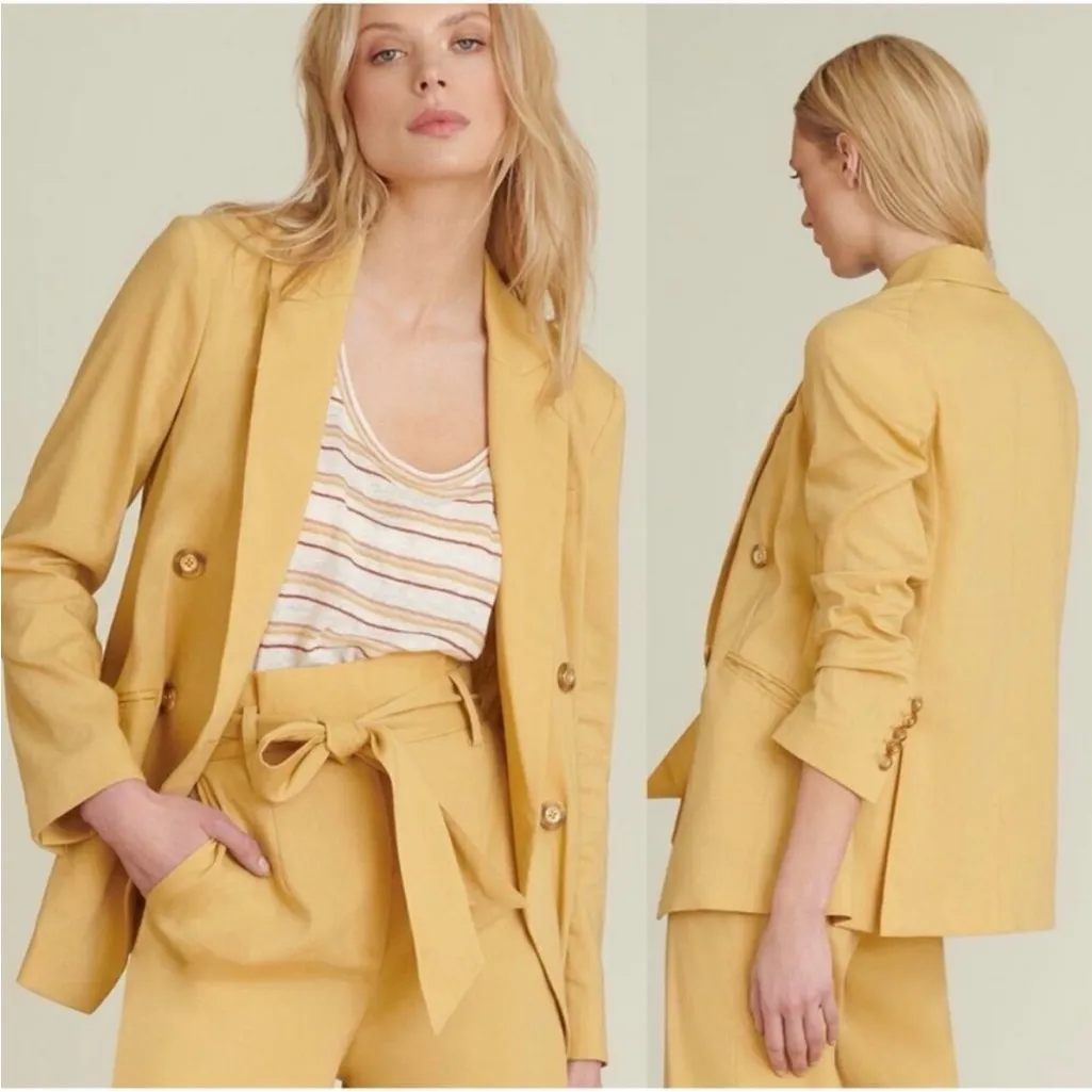 Veronica Beard Nisha Double Breasted Linen Blazer Jacket In Vintage Yellow - Image 2