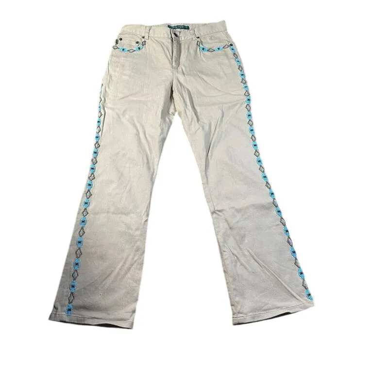 Ralph Lauren Southwestern‎ Embroidered Khaki Pants Turquoise Aztec Side Detail - Image 2